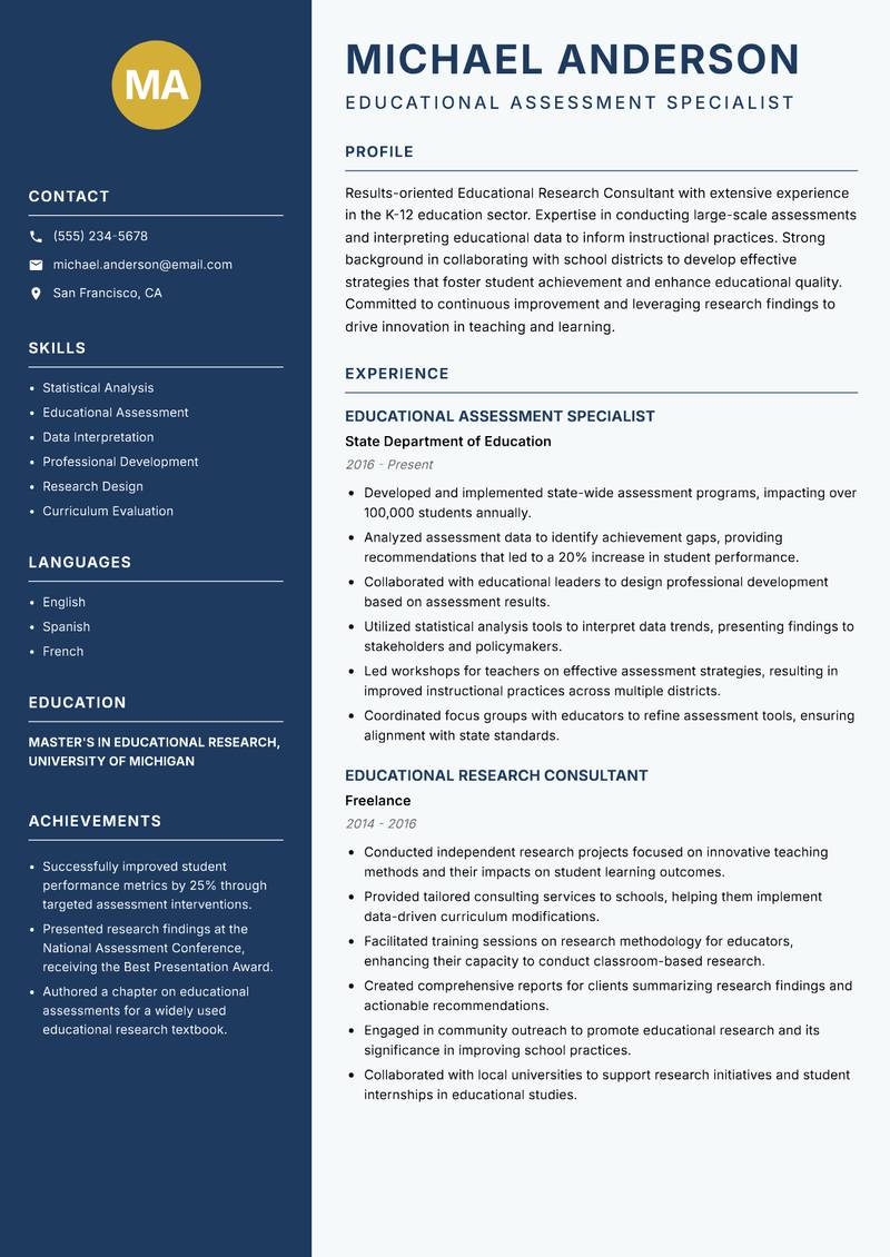 Educational Research Consultant Resume Preview Example