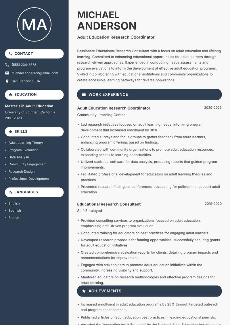 Educational Research Consultant Resume Preview Example