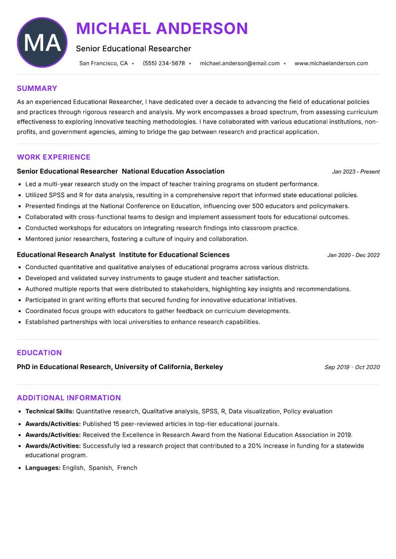 Educational Researcher Resume Preview Example