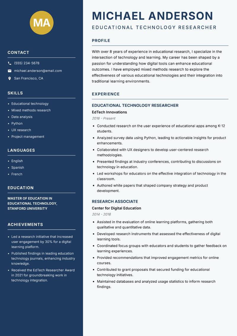 Educational Researcher Resume Preview Example