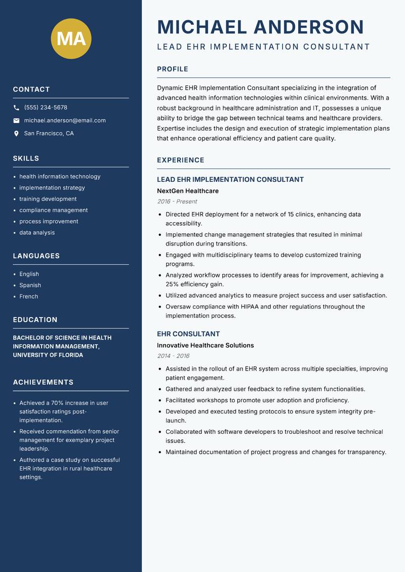 EHR Implementation Consultant Resume Preview Example