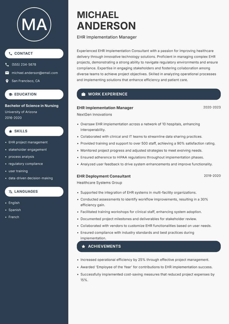EHR Implementation Consultant Resume Preview Example
