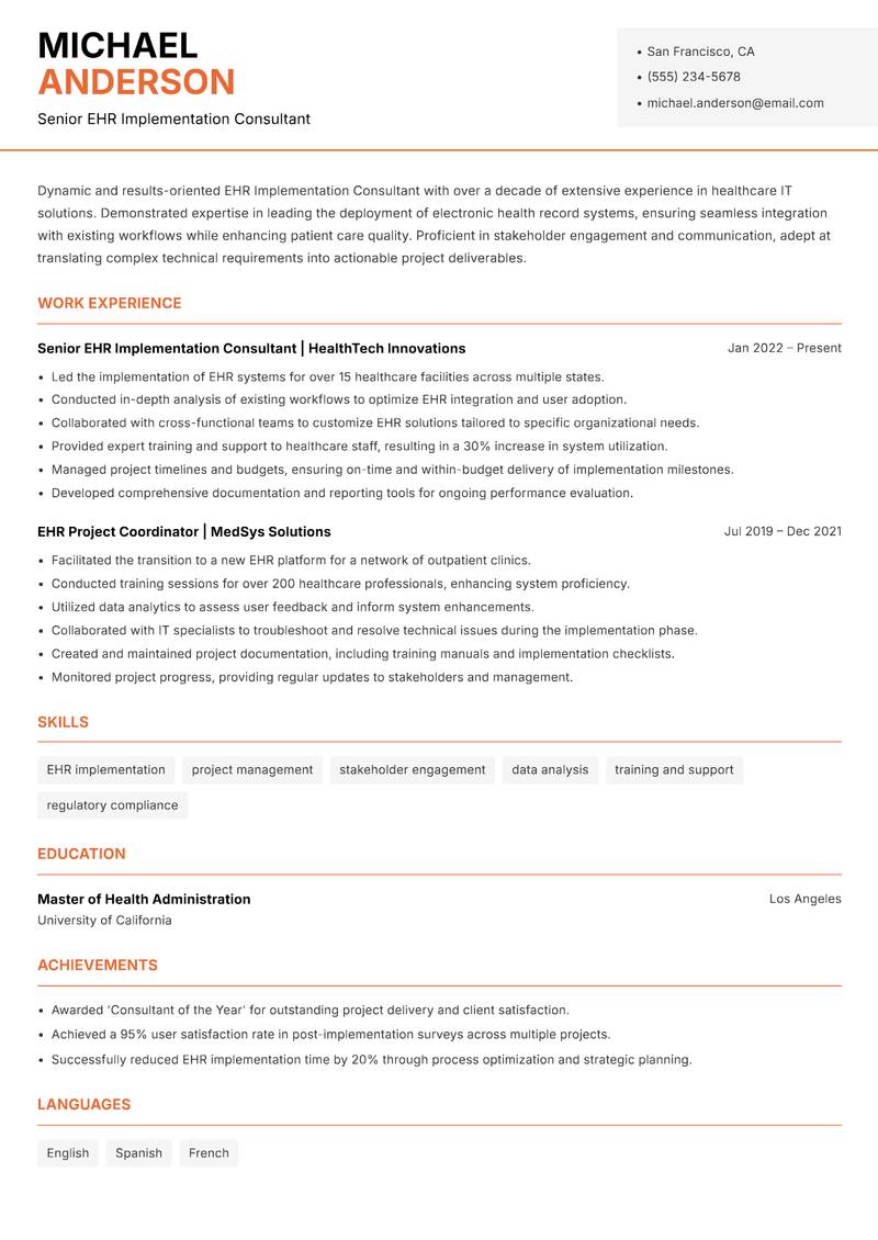 EHR Implementation Consultant Resume Template