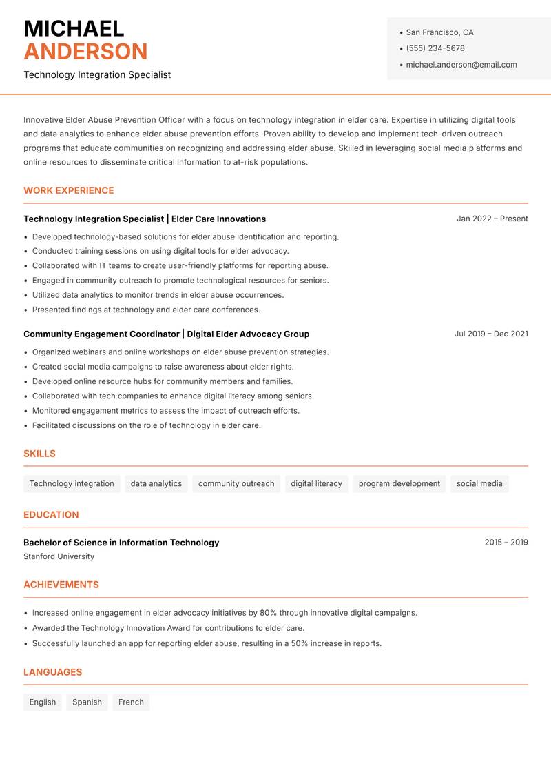 Elder Abuse Prevention Officer Resume Template