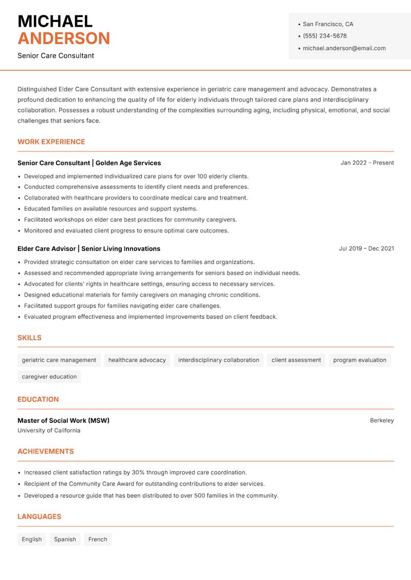 Elder Care Consultant Resume Template