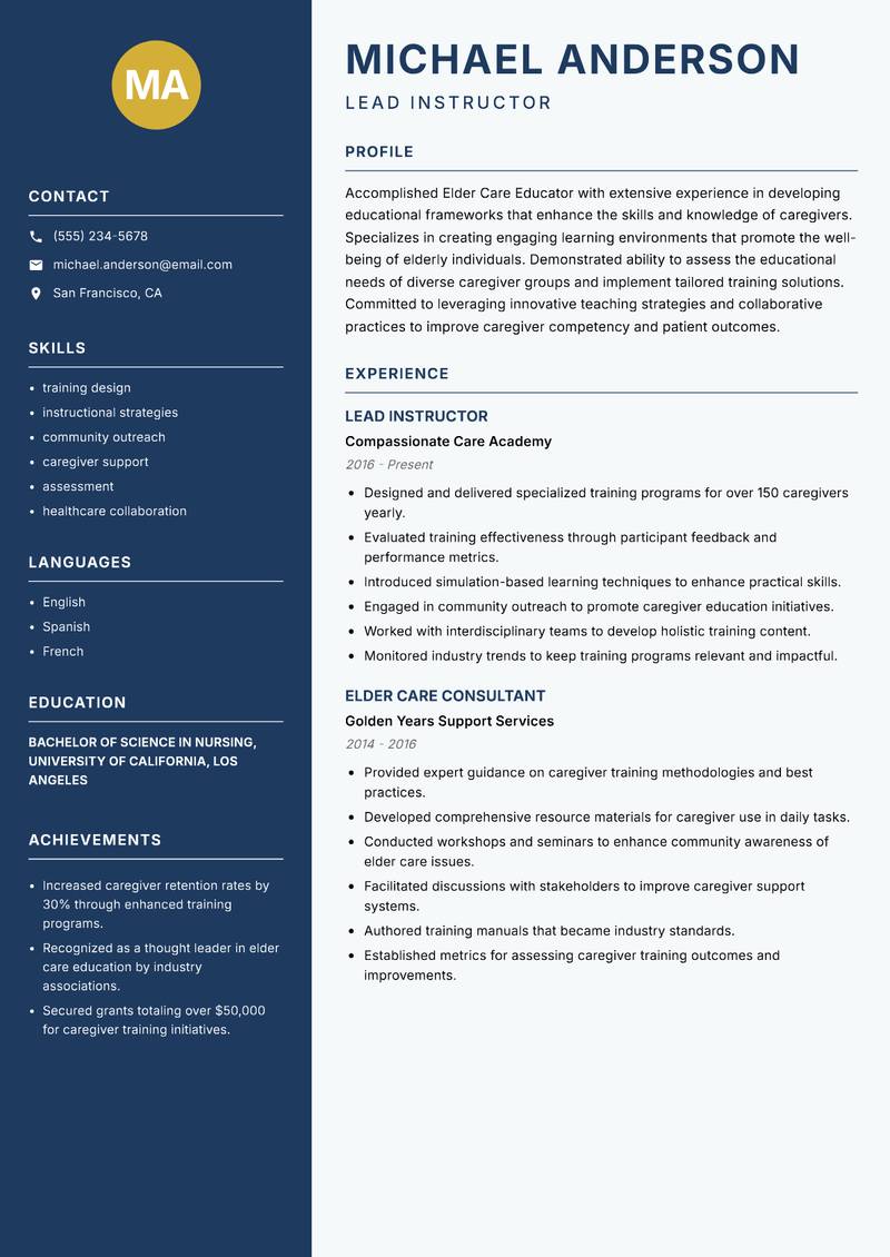 Elder Care Educator Resume Preview Example