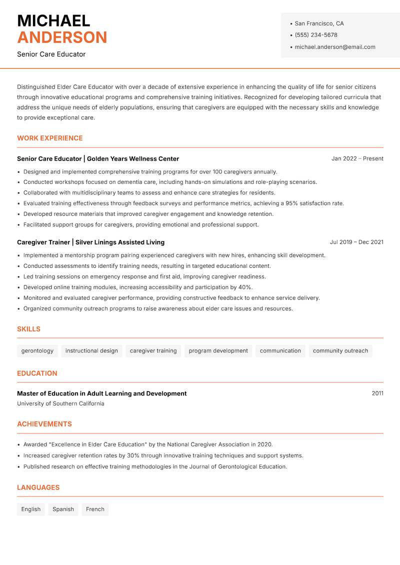 Elder Care Educator Resume Template