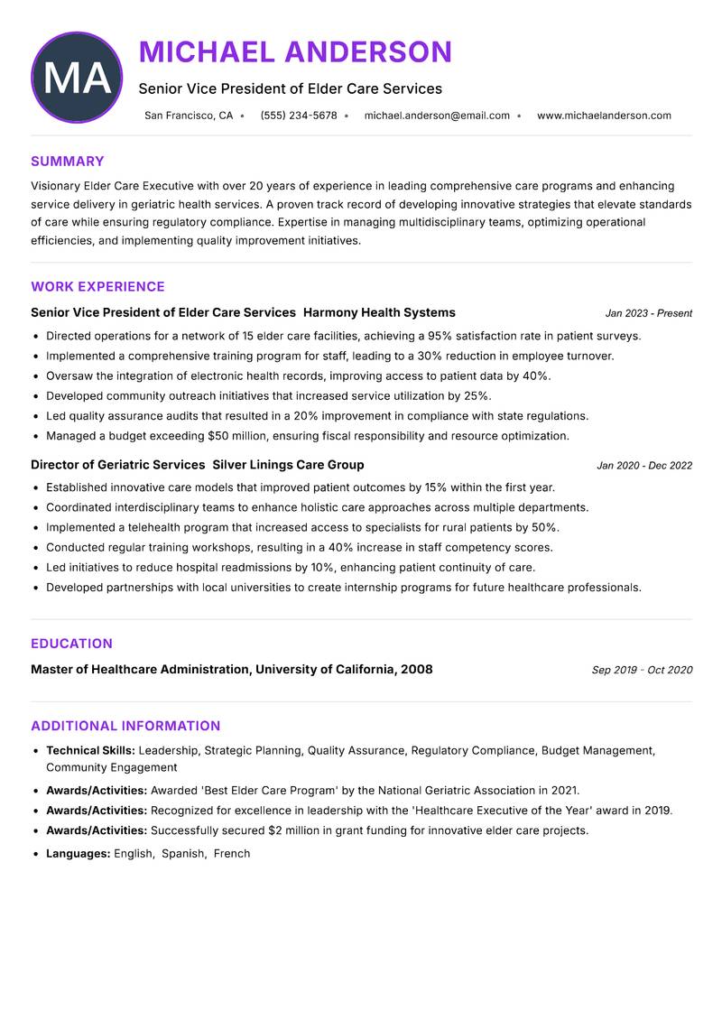 Elder Care Executive Resume Preview Example