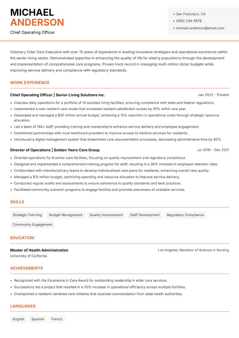 Elder Care Executive Resume Template