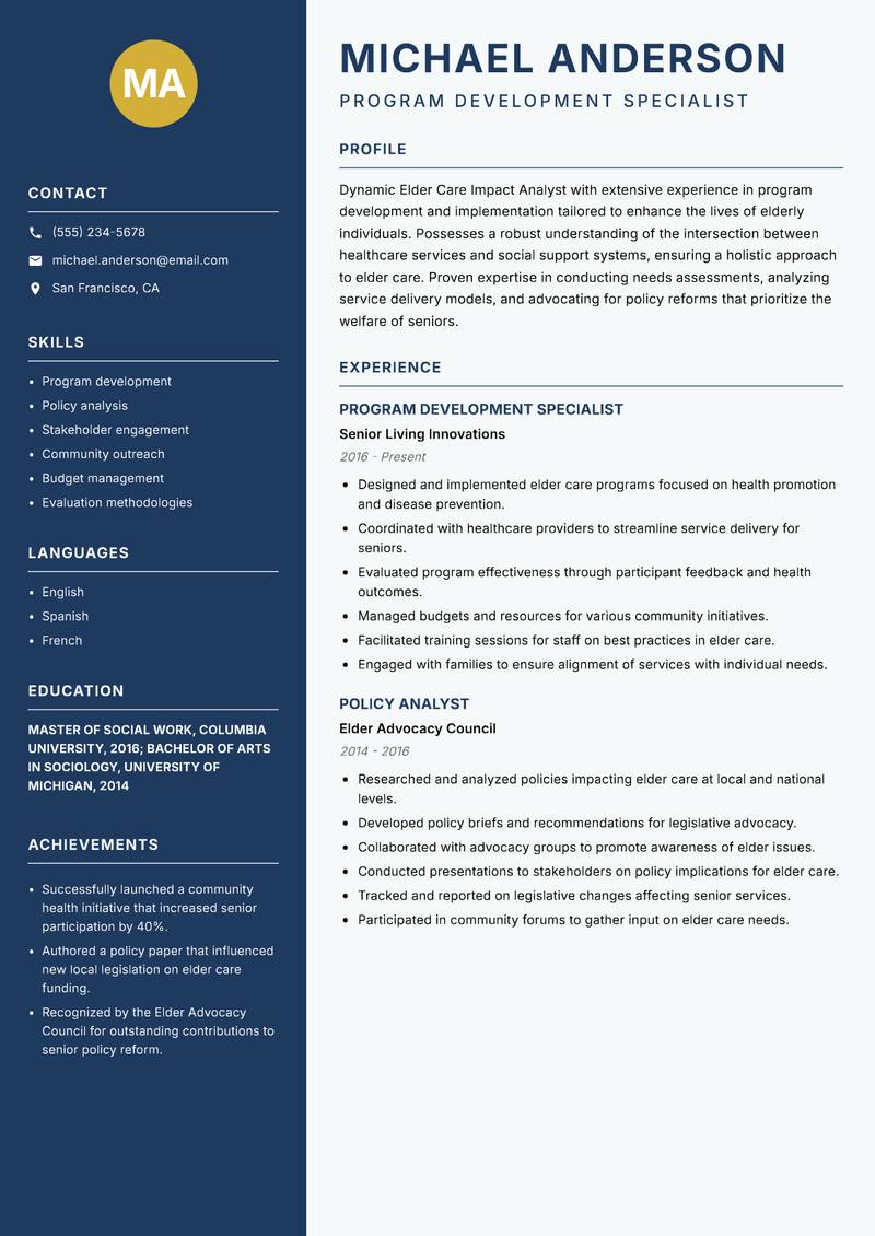 Elder Care Impact Analyst Resume Preview Example