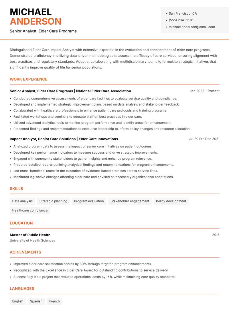 Elder Care Impact Analyst Resume Template