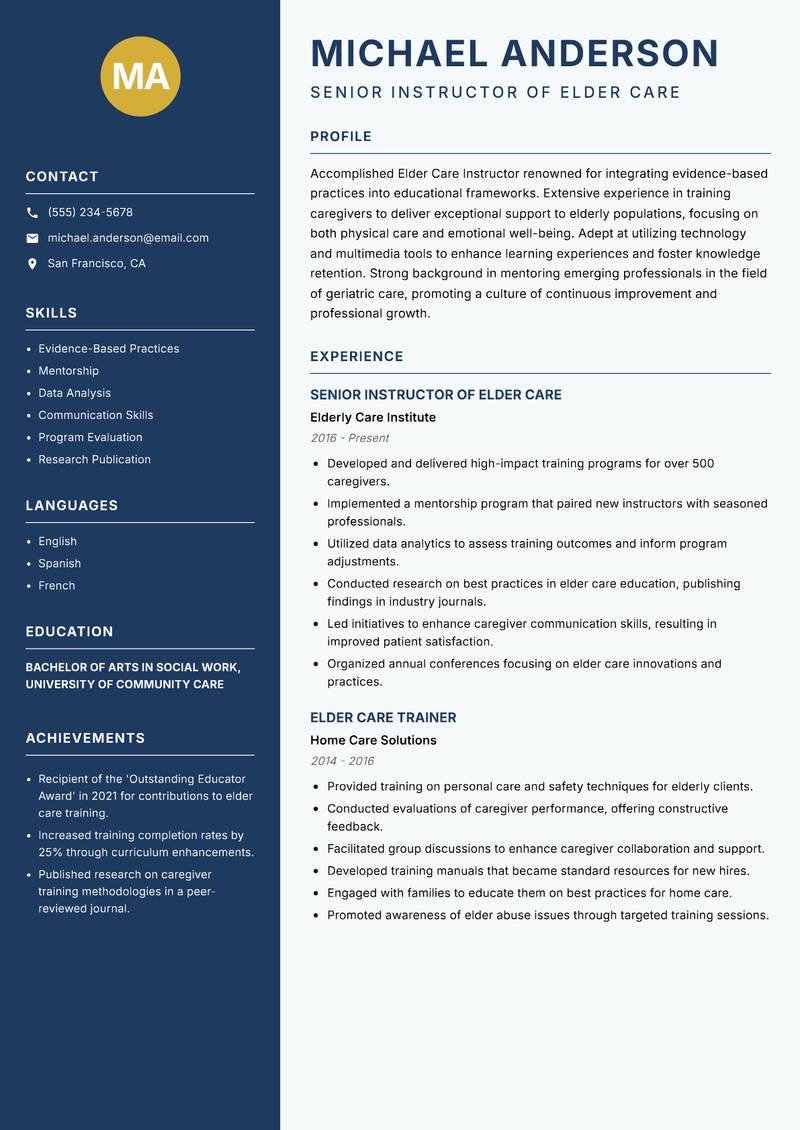 Elder Care Instructor Resume Preview Example