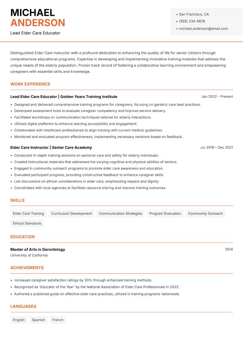 Elder Care Instructor Resume Template