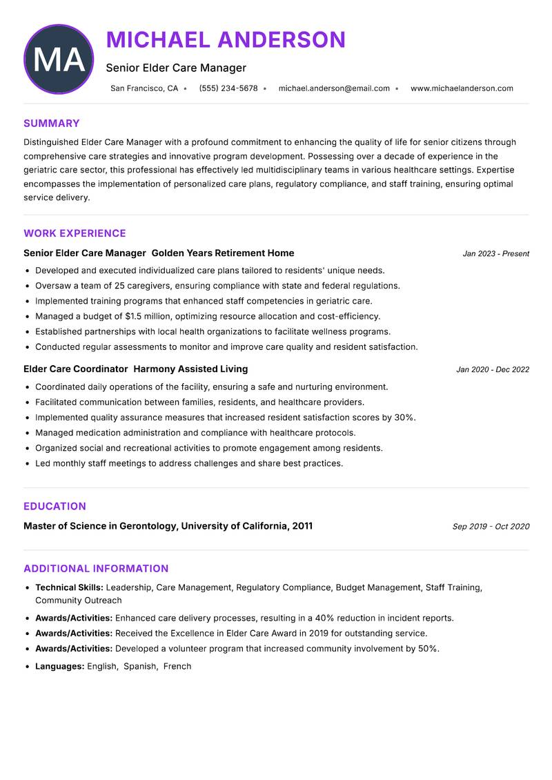 Elder Care Manager Resume Preview Example