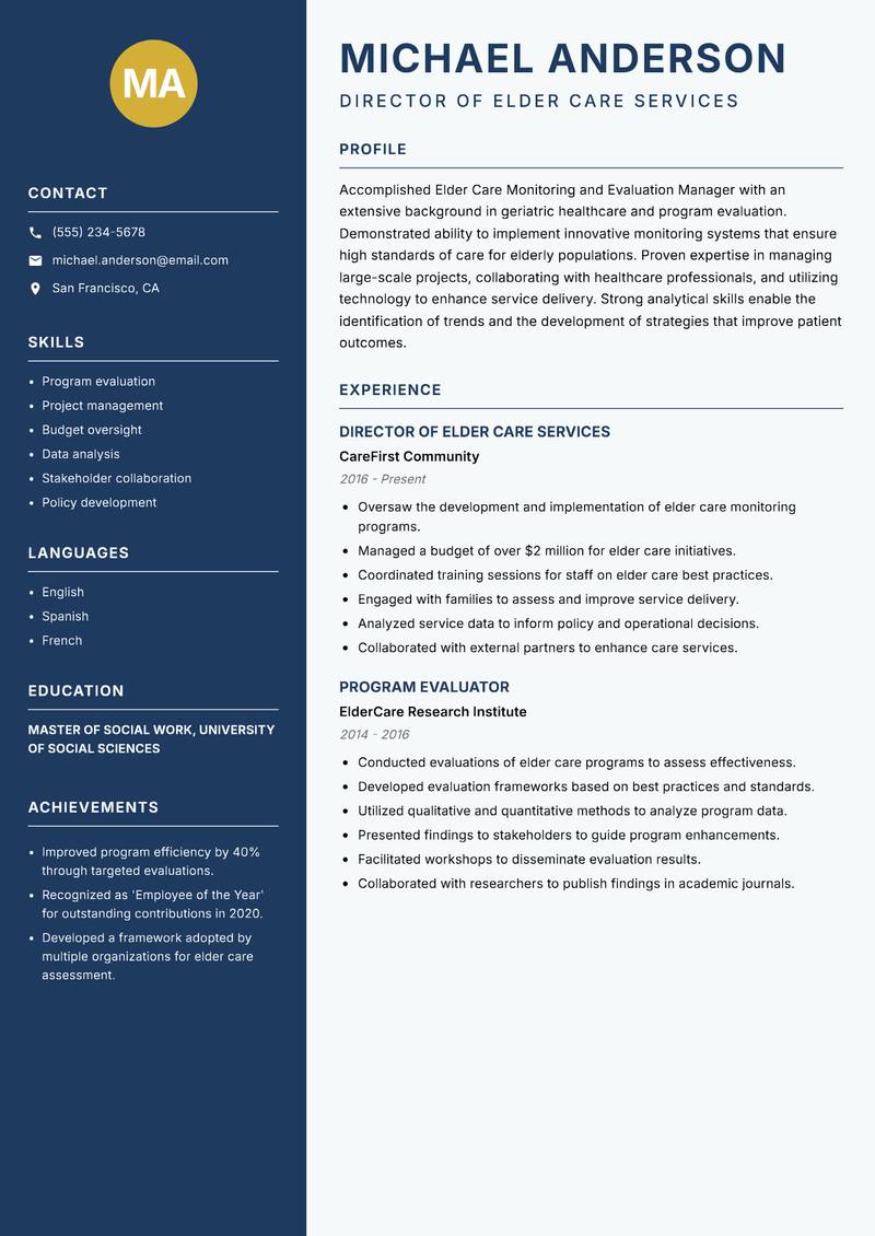 Elder Care Monitoring and Evaluation Manager Resume Preview Example