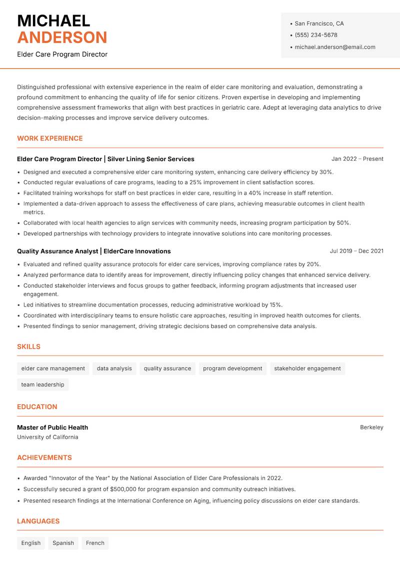Elder Care Monitoring and Evaluation Manager Resume Template