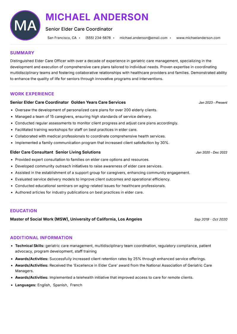 Elder Care Officer Resume Preview Example