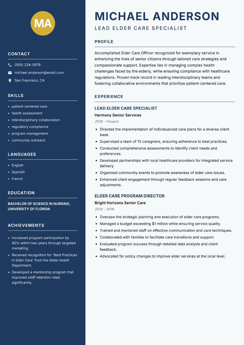 Elder Care Officer Resume Preview Example