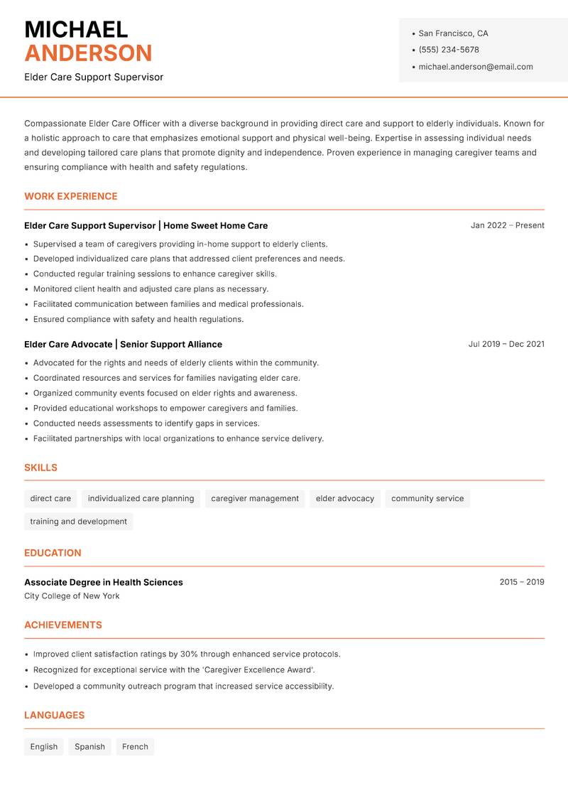 Elder Care Officer Resume Template