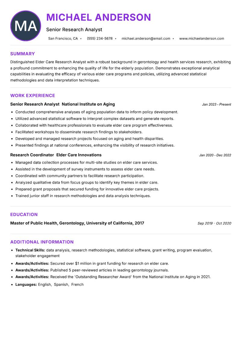 Elder Care Research Analyst Resume Preview Example