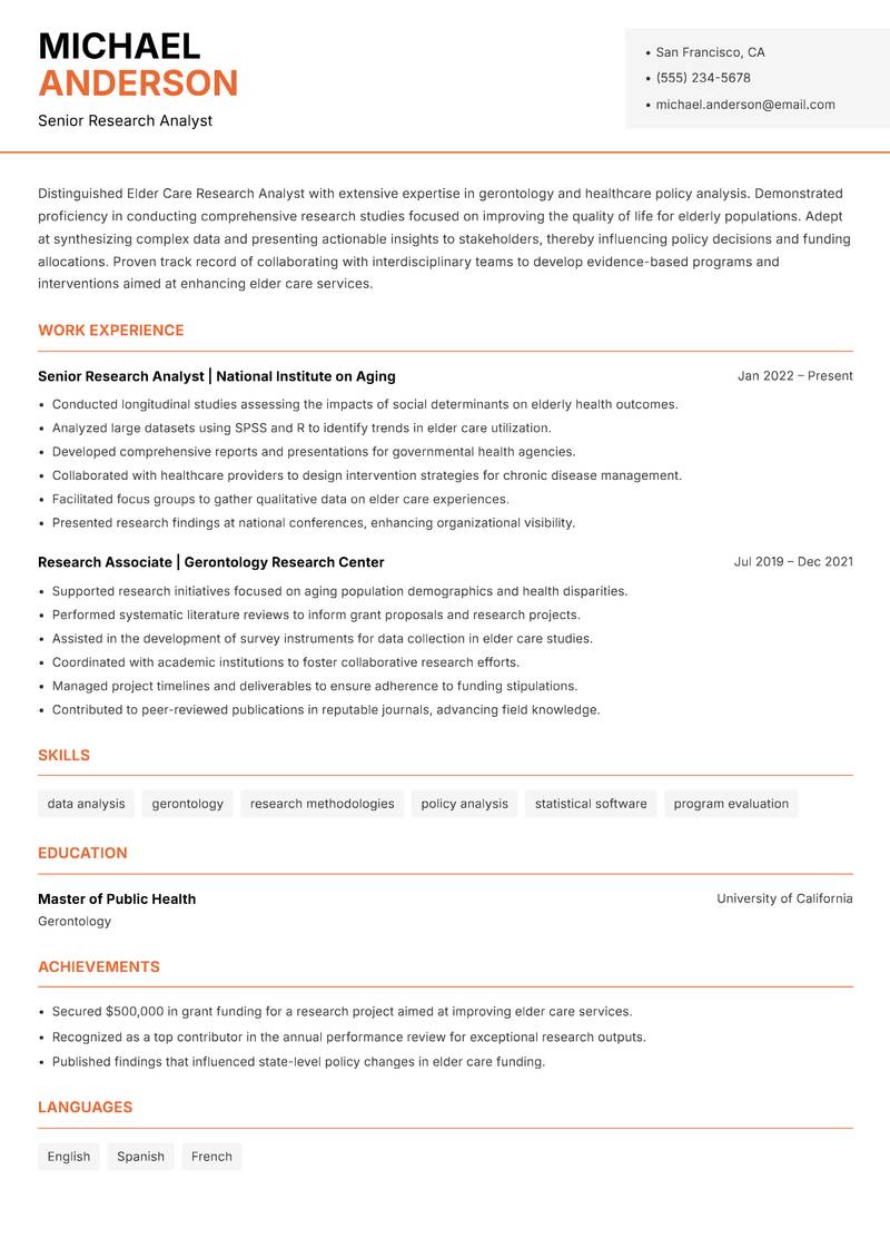 Elder Care Research Analyst Resume Template