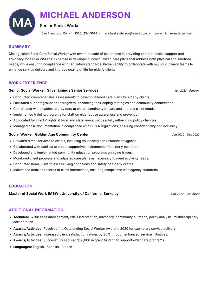Elder Care Social Worker Resume Preview Example