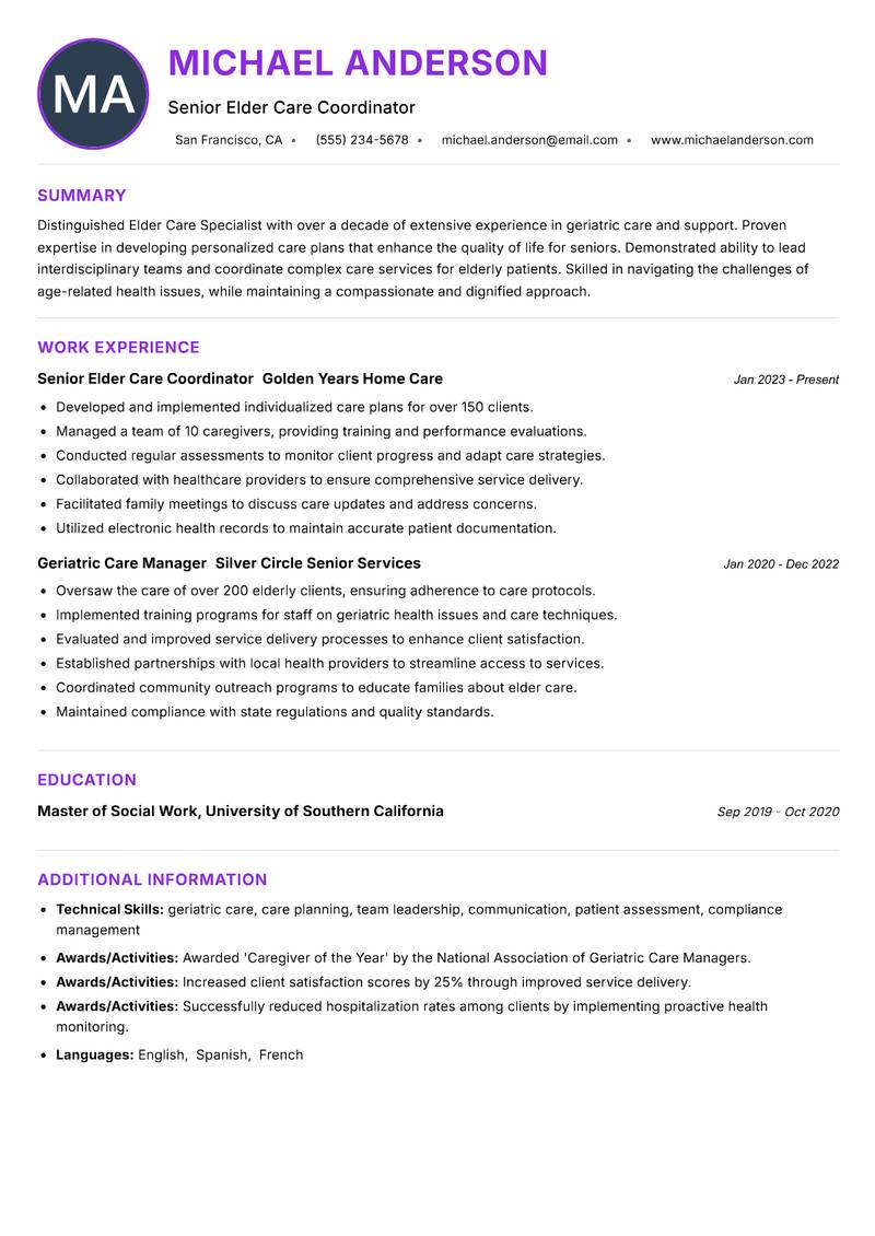 Elder Care Specialist Resume Preview Example