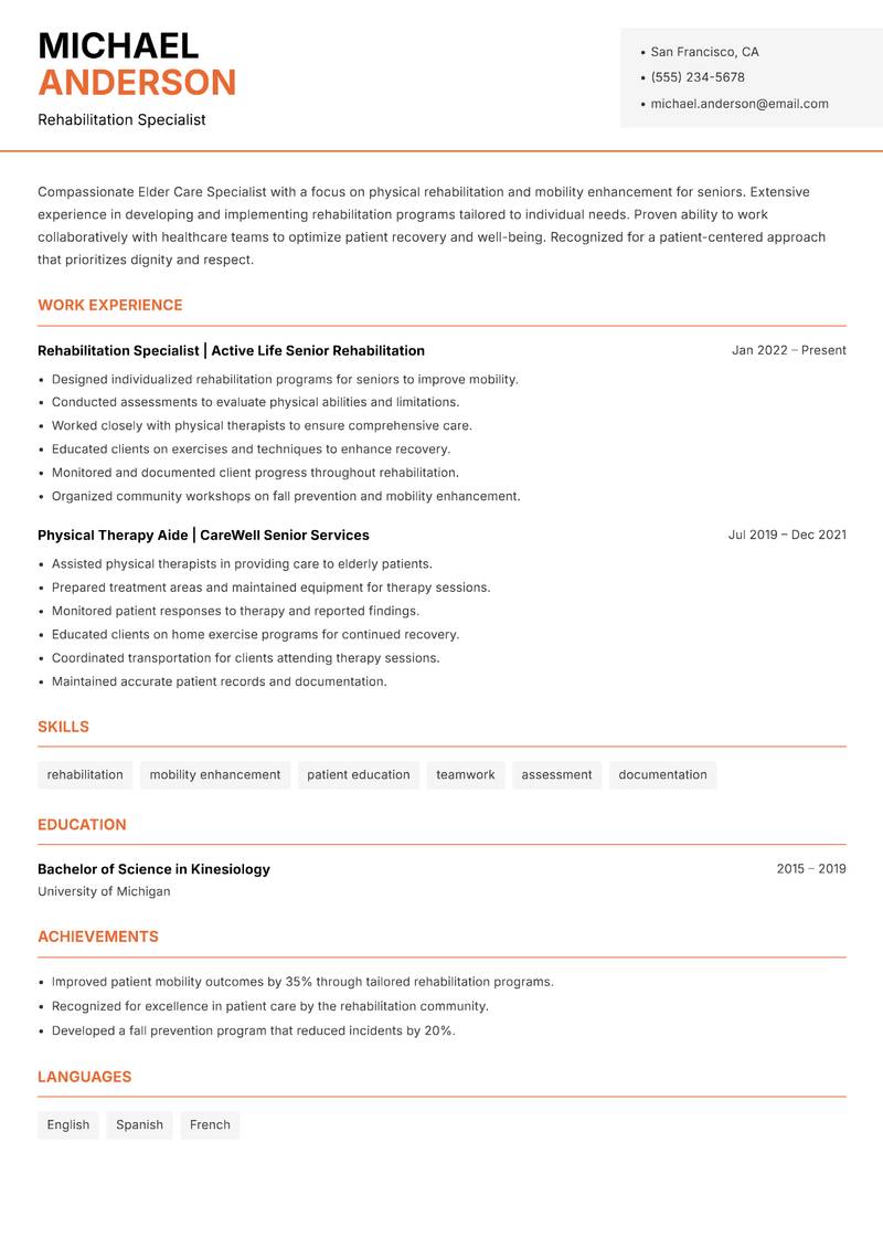 Elder Care Specialist Resume Template