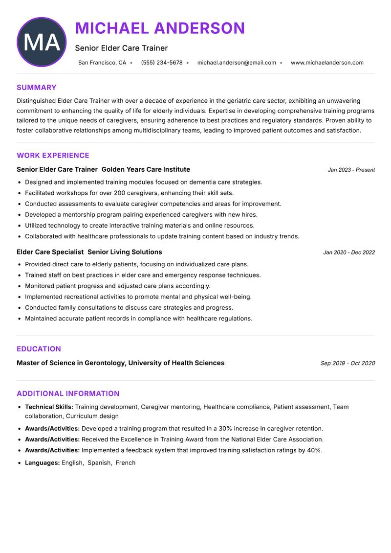 Elder Care Trainer Resume Preview Example
