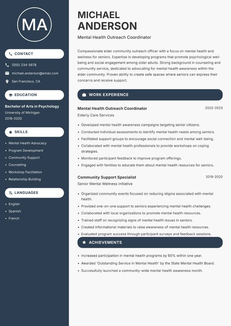 Elder Community Outreach Officer Resume Preview Example