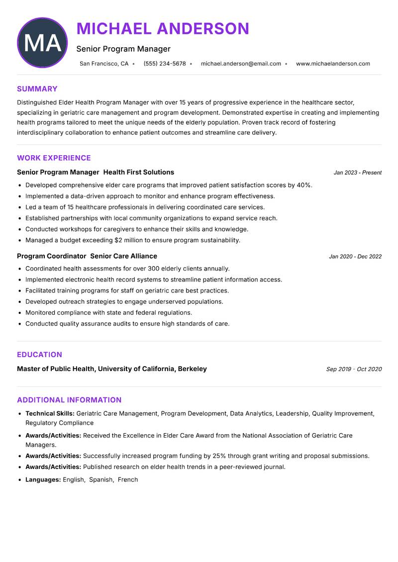 Elder Health Program Manager Resume Preview Example
