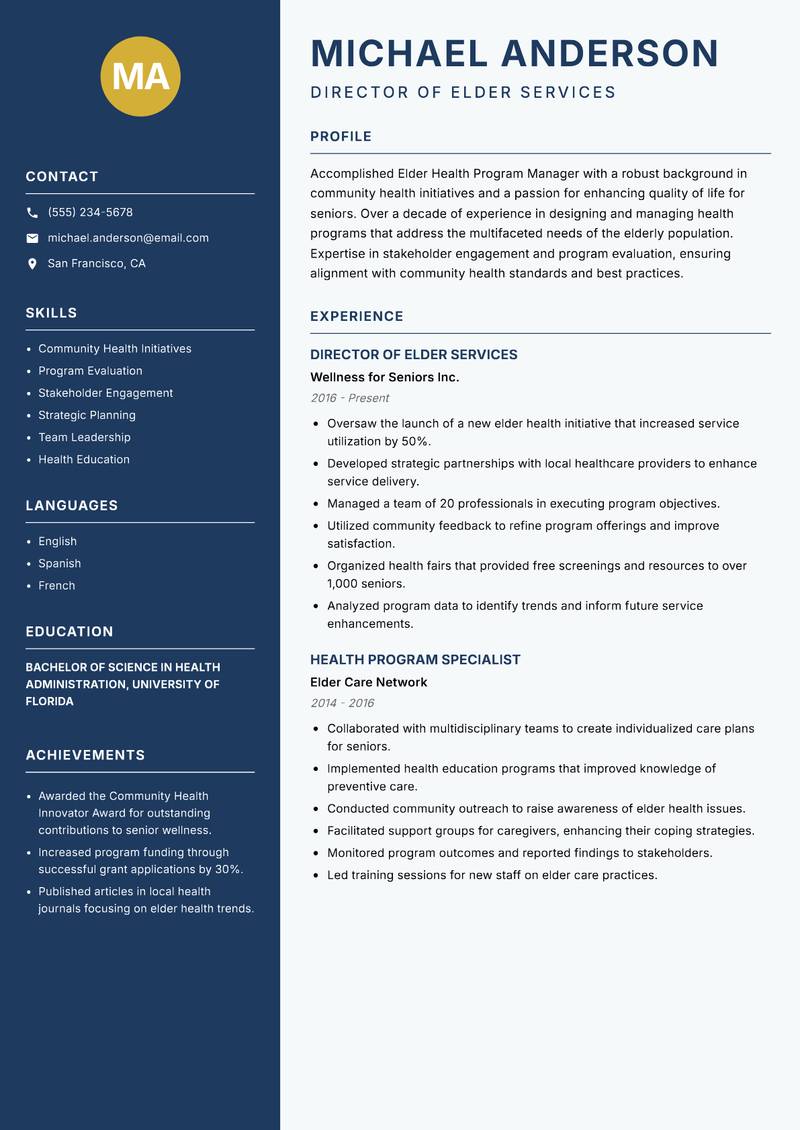 Elder Health Program Manager Resume Preview Example