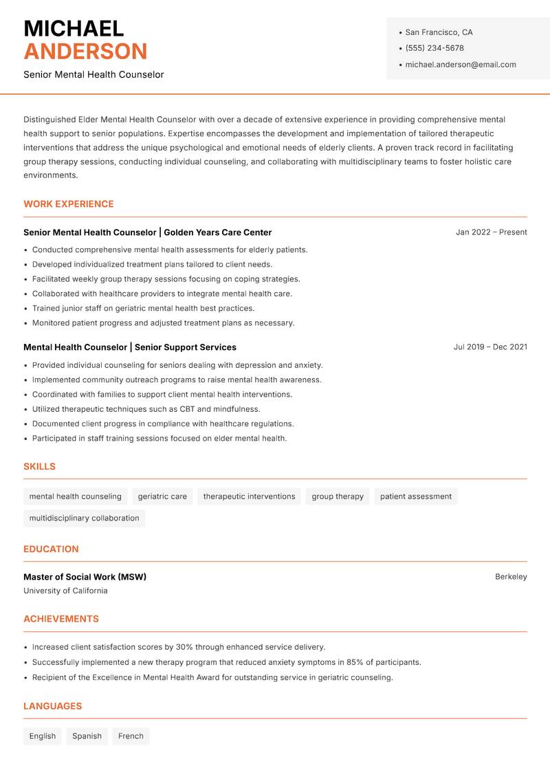 Elder Mental Health Counselor Resume Template