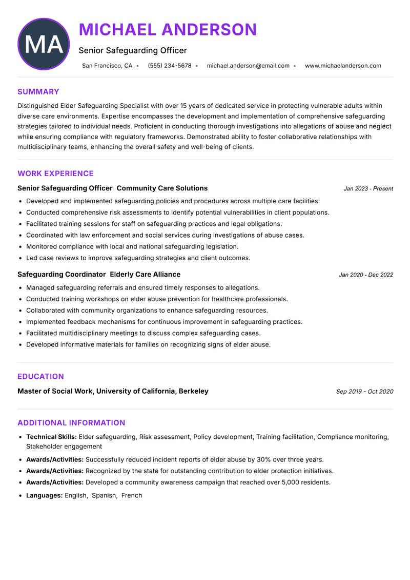 Elder Safeguarding Specialist Resume Preview Example