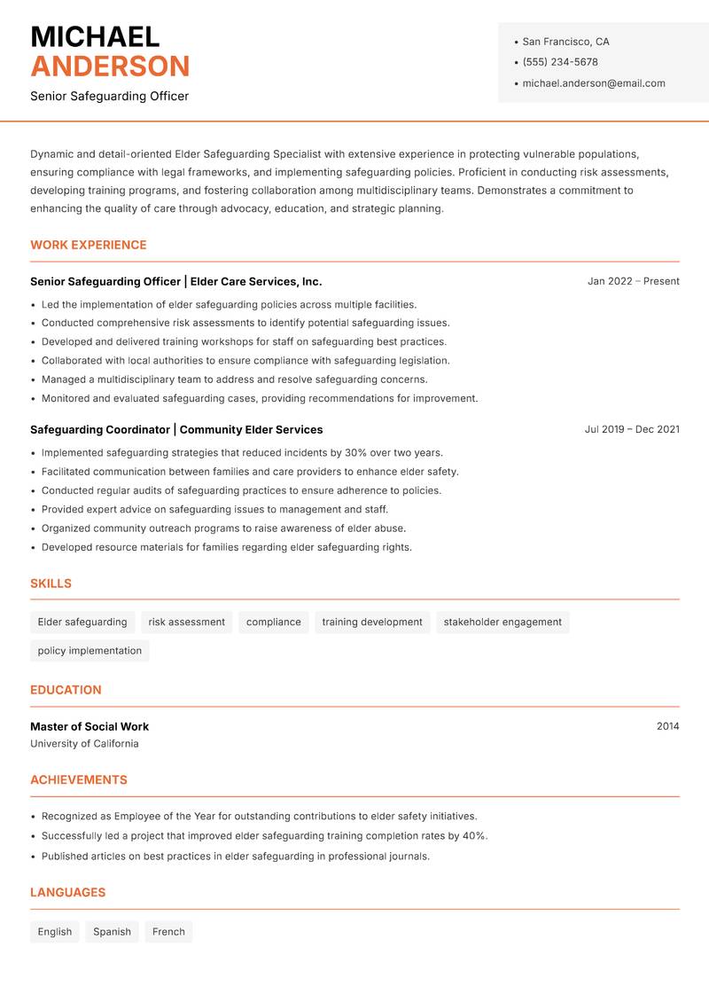 Elder Safeguarding Specialist Resume Template