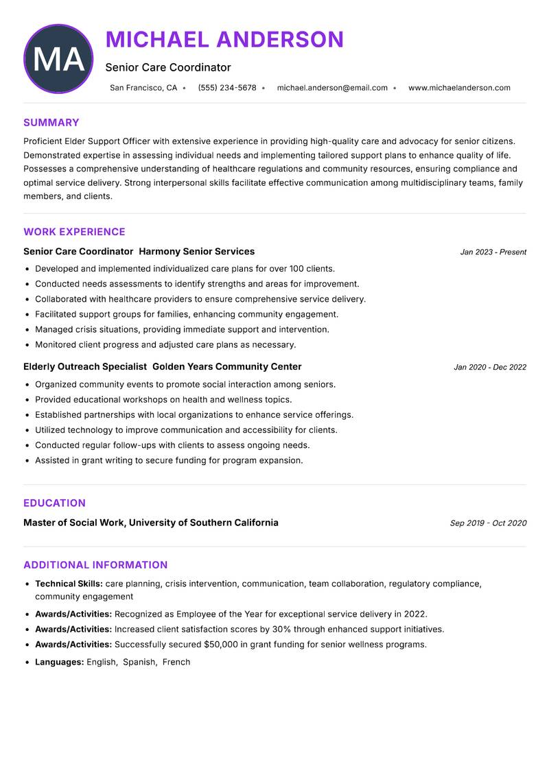 Elder Support Officer Resume Preview Example