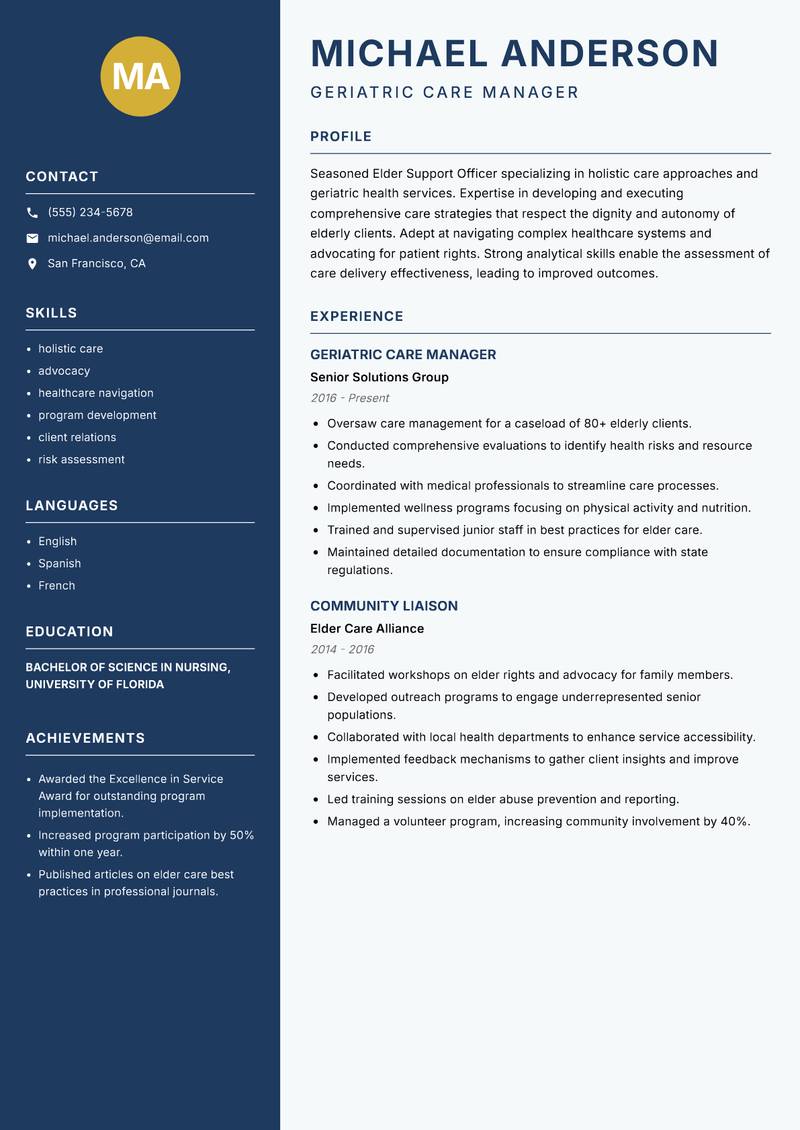 Elder Support Officer Resume Preview Example