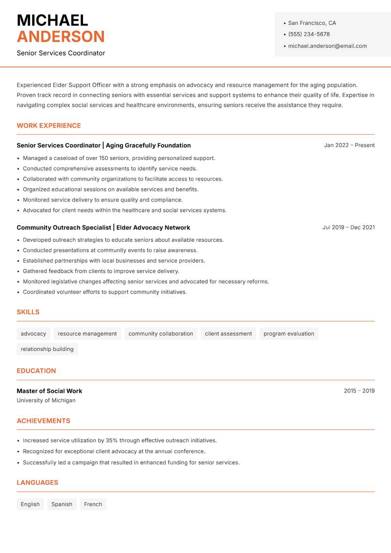 Elder Support Officer Resume Template
