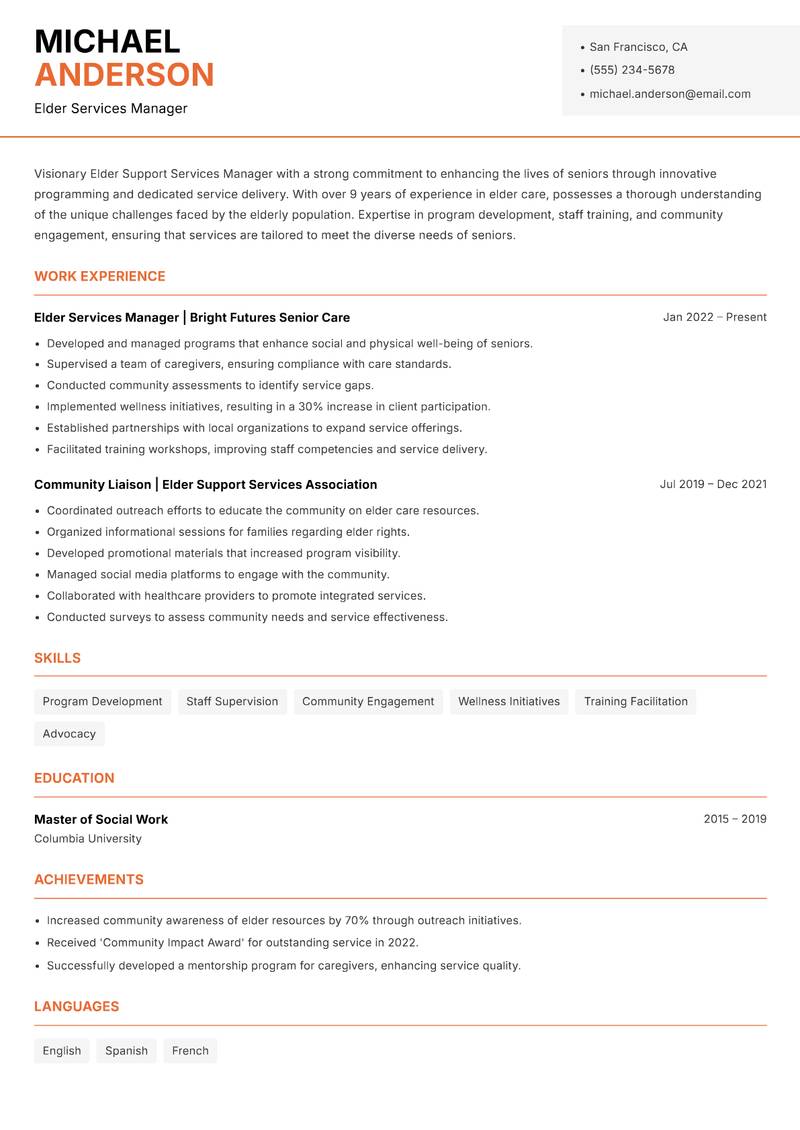 Elder Support Services Manager Resume Template