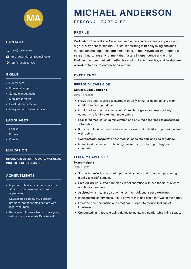 Elderly Home Caregiver Resume Preview Example