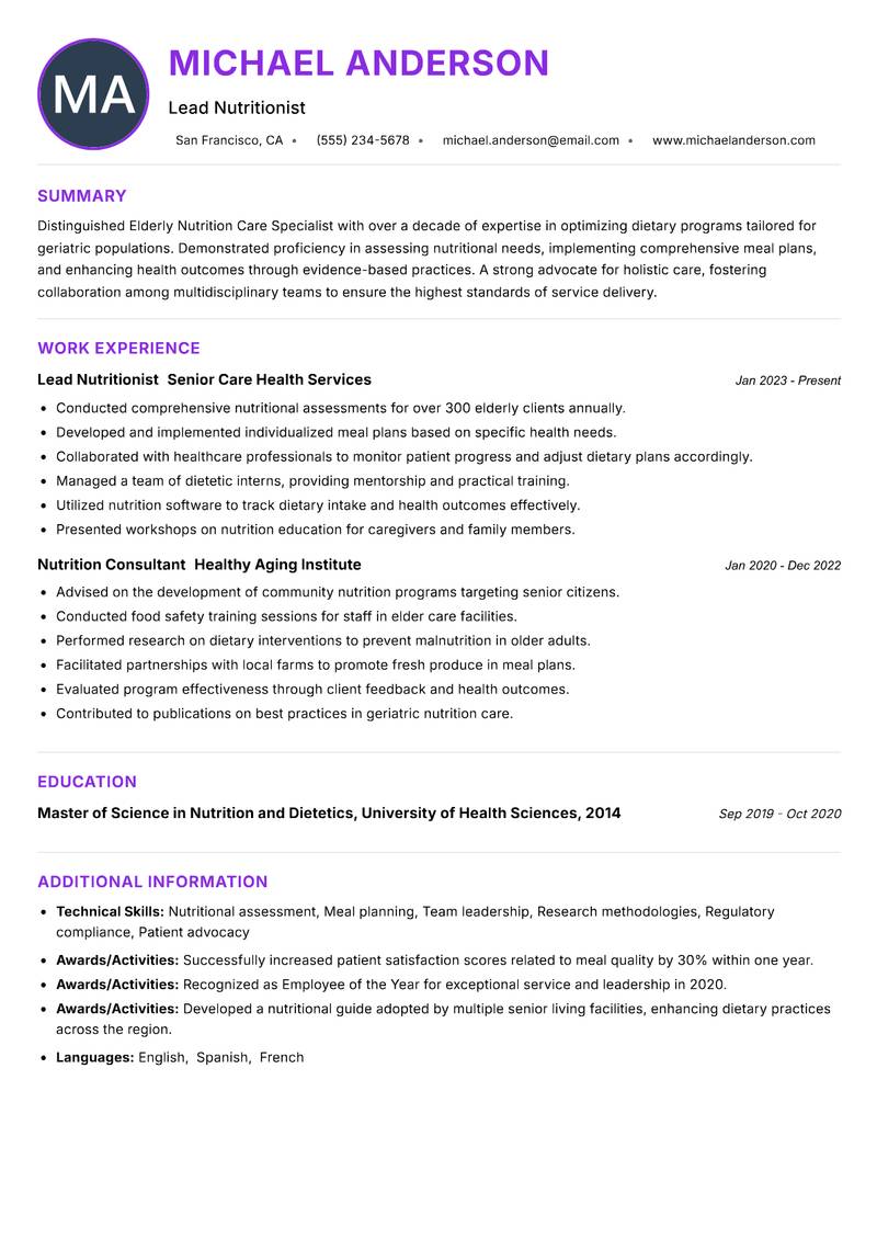 Elderly Nutrition Care Specialist Resume Preview Example