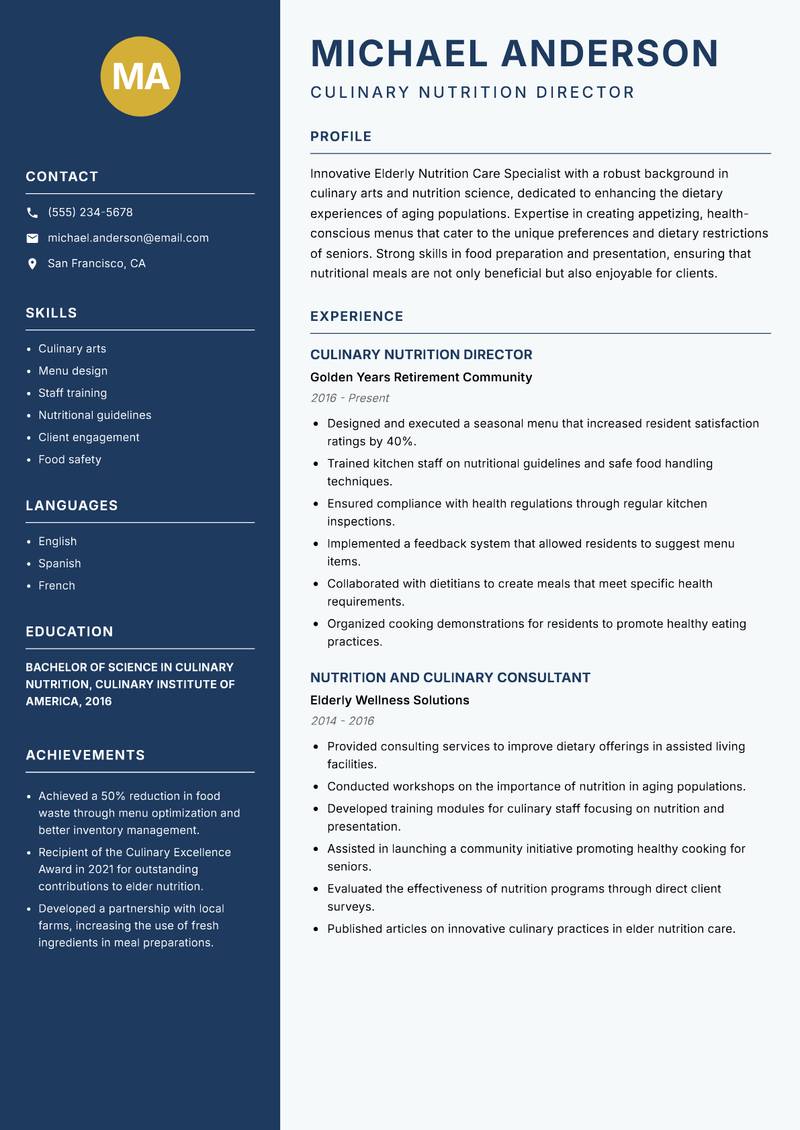 Elderly Nutrition Care Specialist Resume Preview Example