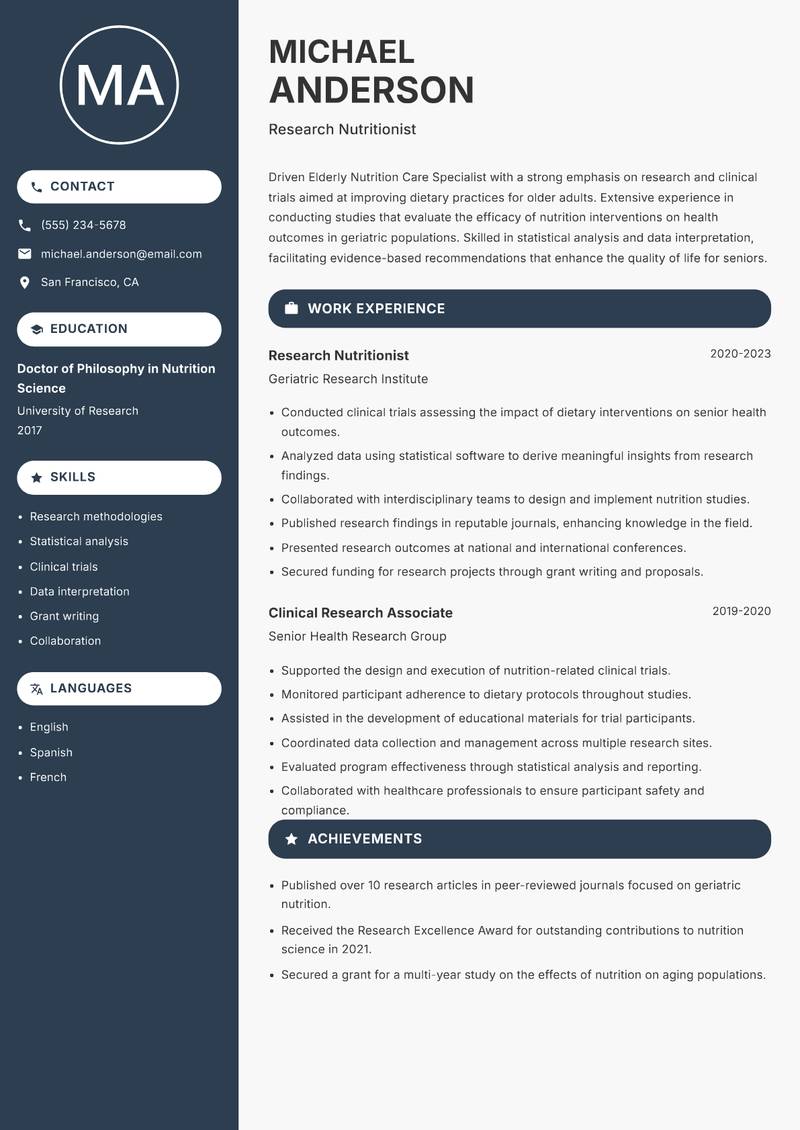 Elderly Nutrition Care Specialist Resume Preview Example