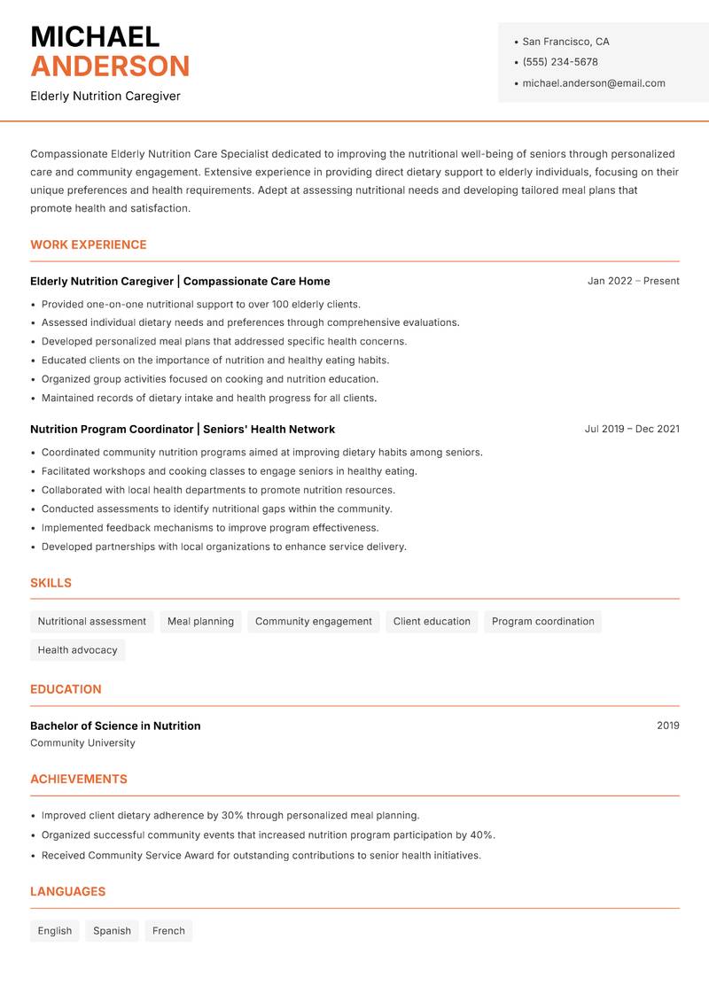 Elderly Nutrition Care Specialist Resume Template