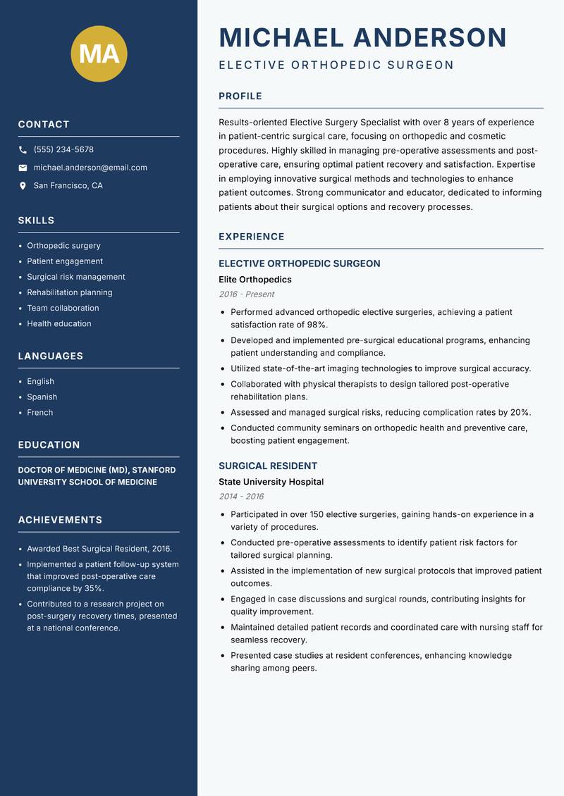 Elective Surgery Specialist Resume Preview Example