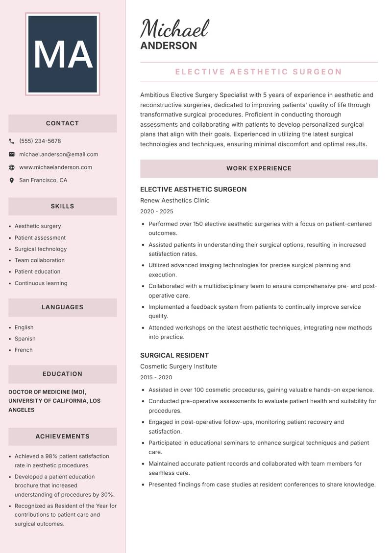 Elective Surgery Specialist Resume Preview Example