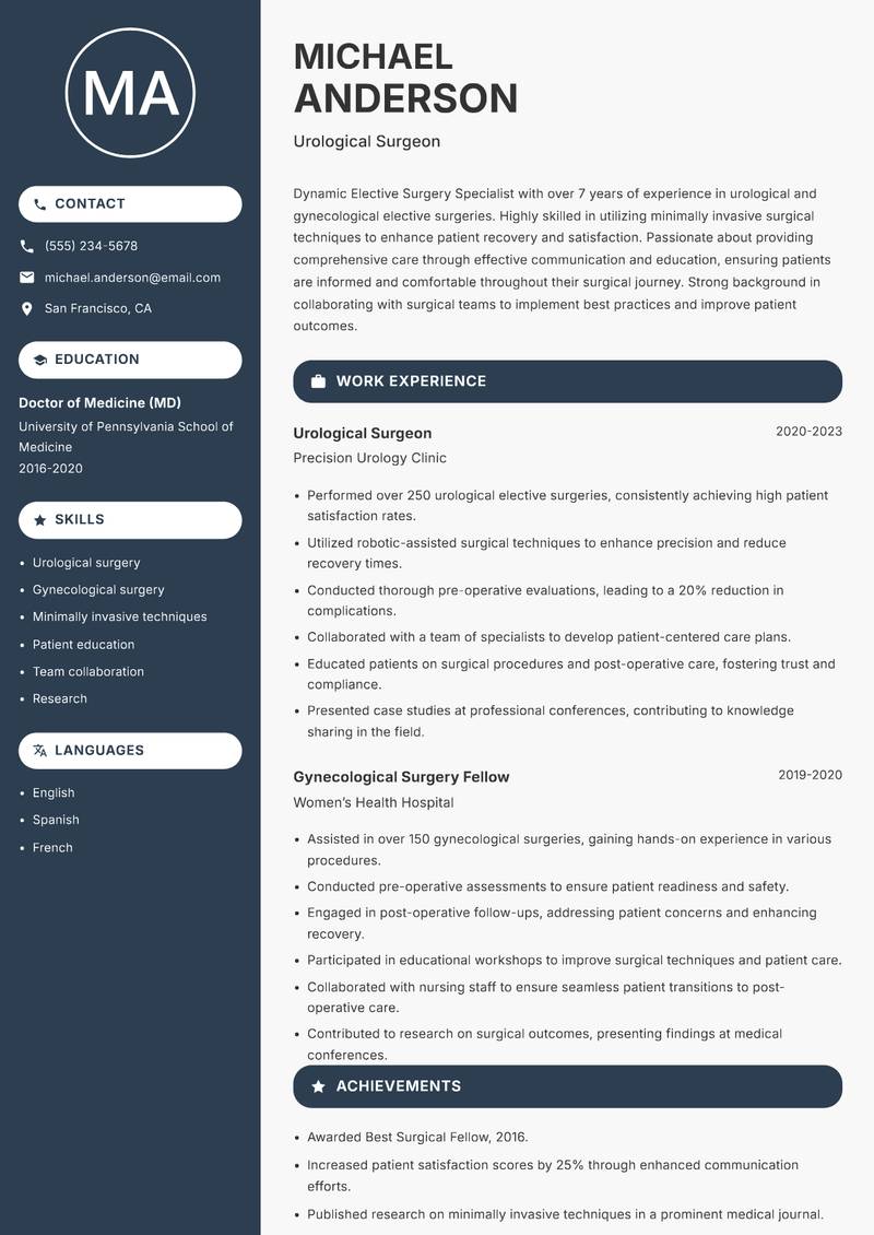 Elective Surgery Specialist Resume Preview Example