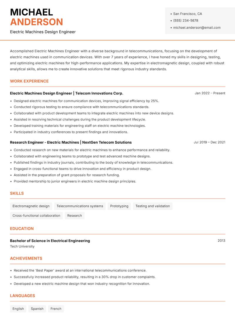 Electric Machines Engineer Resume Template