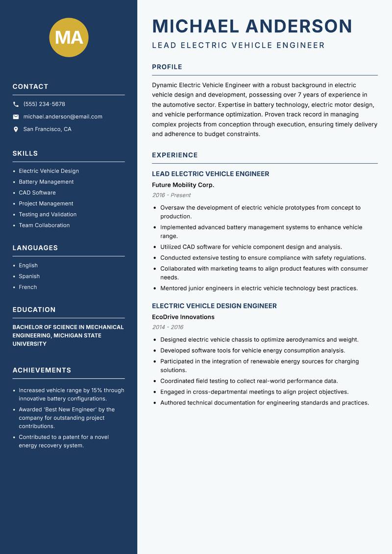 Electric Vehicle Engineer Resume Preview Example