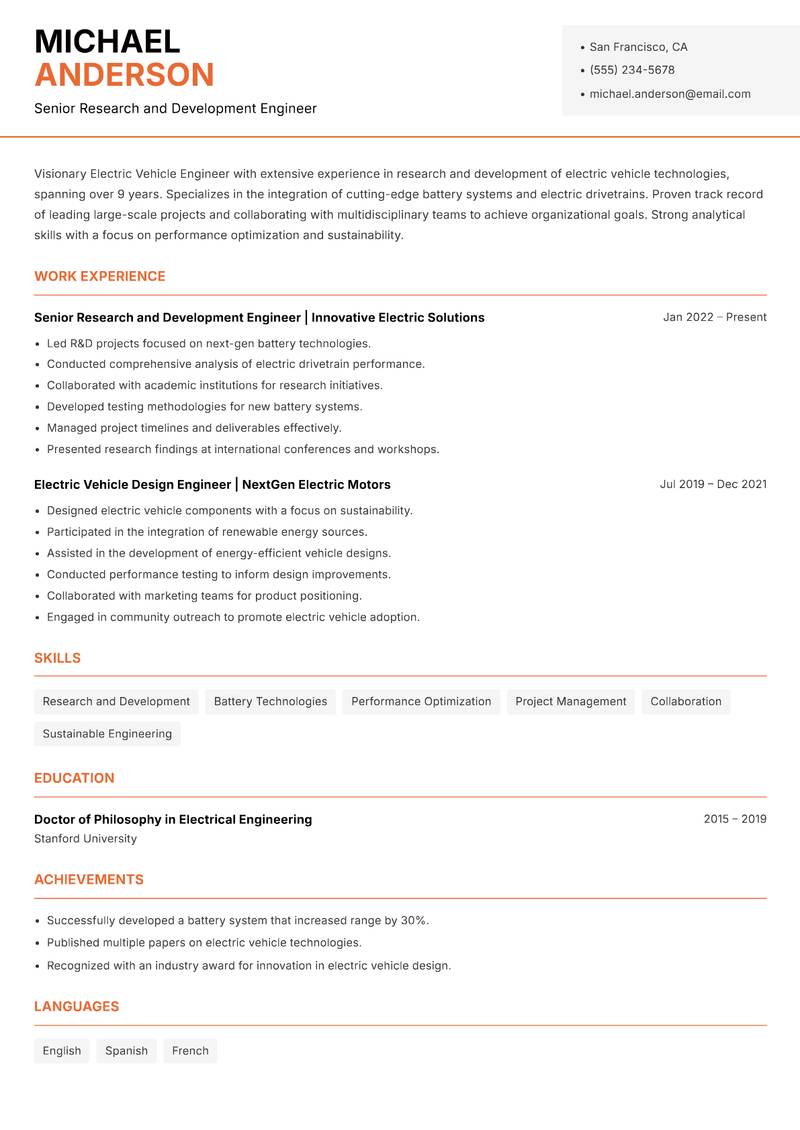 Electric Vehicle Engineer Resume Template